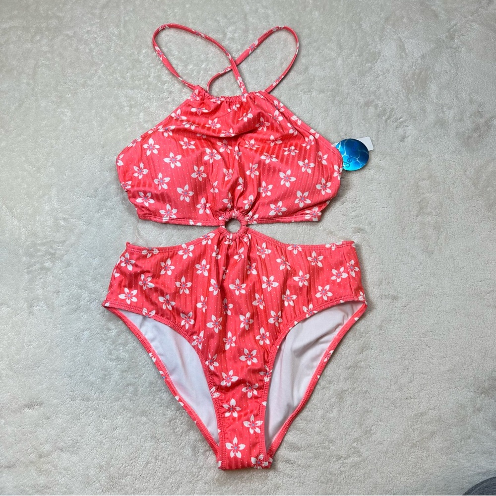 Decree Retro Boho Floral Coral Pink Cut Out Swimsuit Halter Neck Cheeky Beach - Picture 2 of 10